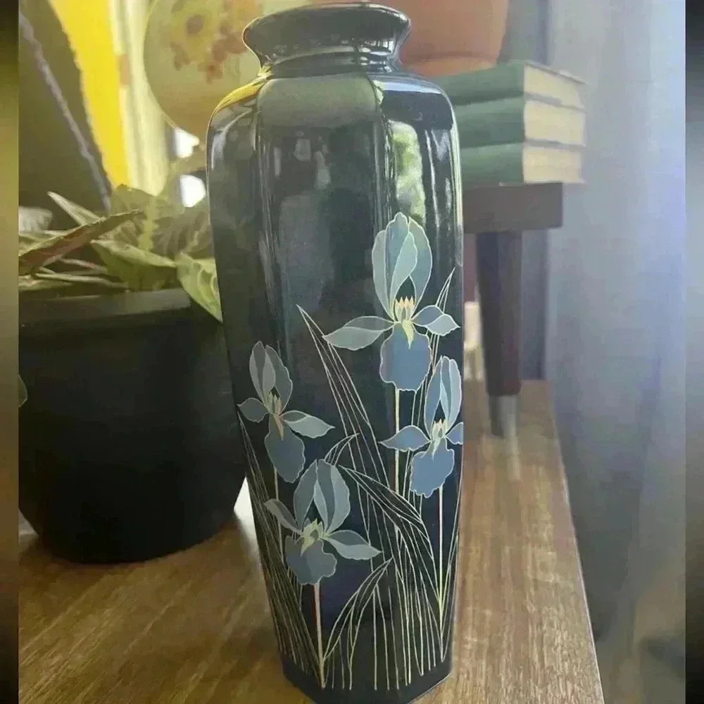 Vintage Navy Blue Floral Otagiri Vase Made In Japan
